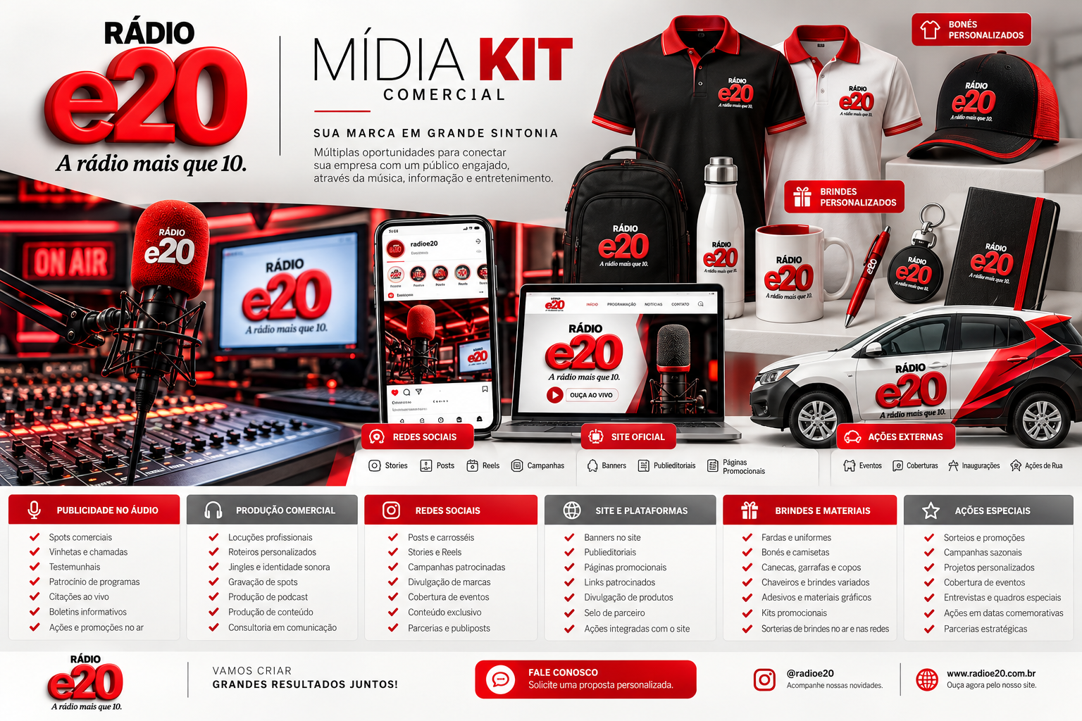 Referência visual do mídia kit Rádio e20: publicidade em áudio, redes sociais, site, brindes e ações externas.